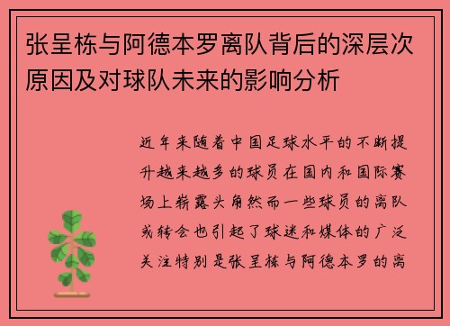 张呈栋与阿德本罗离队背后的深层次原因及对球队未来的影响分析 张呈栋与阿德本罗离队背后的深层次原因及对球队未来的影响分析